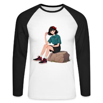 Retro-Mädchen mit roter Schleife Illustration - Unisex Baseballshirt langarm - Weiß/Schwarz - Vorne - Nik (191cm)