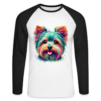 Portrait coloré d’un Yorkshire Terrier - T-shirt baseball manches longues Homme - blanc/noir - Devant - Nik (191cm)