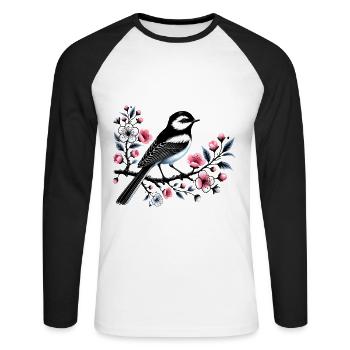 Chicadee on Blossoming Branch Design - Unisex Long Sleeve Baseball T-Shirt - white/black - Front - Nik (191cm)
