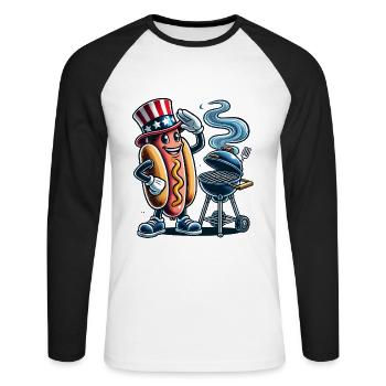 Smokin Hot BBQ Retro Hot Dog Design - Unisex Baseballshirt langarm - Weiß/Schwarz - Vorne - Nik (191cm)