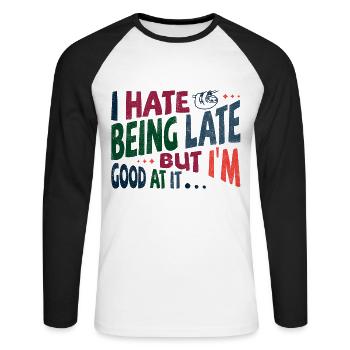 Je déteste être en retard, mais je suis doué pour ça - T-shirt baseball manches longues Homme - blanc/noir - Devant - Nik (191cm)