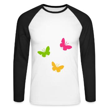 ★ Designfarben änderbar ★ Drei Schmetterlinge - Unisex Baseballshirt langarm - Weiß/Schwarz - Vorne - Nik (191cm)