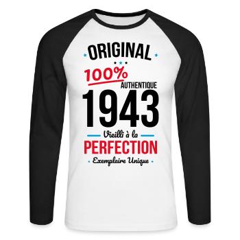 Anniversaire 81 ans - Original 1943 - T-shirt baseball manches longues Homme - blanc/noir - Devant - Nik (191cm)