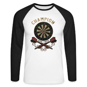 Dart Champion flat - Dart T-Shirts RAHMENLOS - - Unisex Baseballshirt langarm - Weiß/Schwarz - Vorne - Nik (191cm)