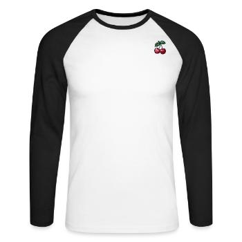 Kirschstickerei – Minimalistisches T-Shirt - Unisex Baseballshirt langarm - Weiß/Schwarz - Vorne - Nik (191cm)