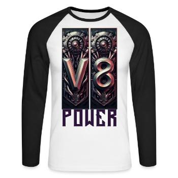 V8 Power - Unisex Baseballshirt langarm - Weiß/Schwarz - Vorne - Nik (191cm)