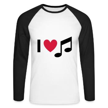 J’aime la musique (cœur, note) - T-shirt baseball manches longues Homme - blanc/noir - Devant - Nik (191cm)