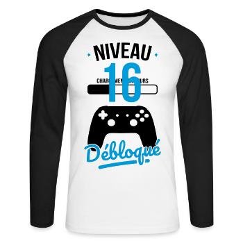 Anniversaire 16 ans - Niveau 16 débloqué - Gamer - T-shirt baseball manches longues Homme - blanc/noir - Devant - Nik (191cm)