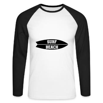 ★ Designfarben änderbar ★ Surf Beach (Surfbrett) - Unisex Baseballshirt langarm - Weiß/Schwarz - Vorne - Nik (191cm)