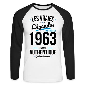 Anniversaire 60 ans - Légendes sont nées en 1963 - T-shirt baseball manches longues Homme - blanc/noir - Devant - Nik (191cm)