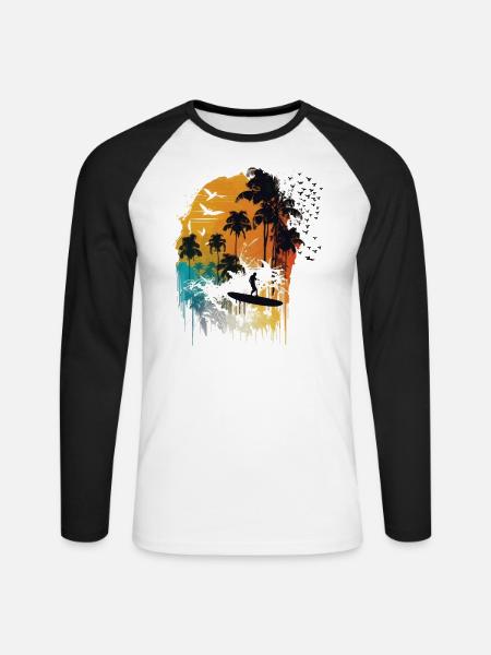 Aquarelle Surfeur - T-shirt baseball manches longues Homme - blanc/noir