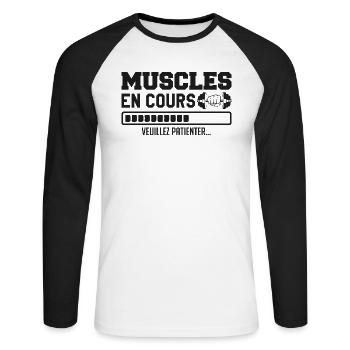 Muscles in progress... bodybuilding funny humor - Unisex Long Sleeve Baseball T-Shirt - white/black - Front - Nik (191cm)