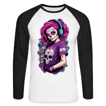 Sugar Skull Girl with Pink Hair & Blue Headphones - Unisex Long Sleeve Baseball T-Shirt - white/black - Front - Nik (191cm)
