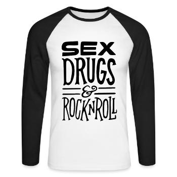 Sex Drugs and Rock n Roll - Unisex Baseballshirt langarm - Weiß/Schwarz - Vorne - Nik (191cm)