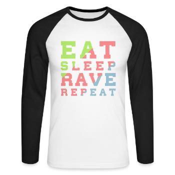 eat sleep rave repeat - Unisex Baseballshirt langarm - Weiß/Schwarz - Vorne - Nik (191cm)