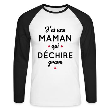 J'ai une maman qui déchire grave - T-shirt baseball manches longues Homme - blanc/noir - Devant - Nik (191cm)