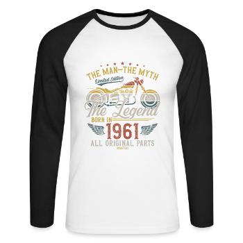 1961 Vintage homme mythe légende moto - T-shirt baseball manches longues Homme - blanc/noir - Devant - Nik (191cm)