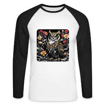 Hibou avec des vrilles de pétales de rose en aspect gravure sur bois - T-shirt baseball manches longues Homme - blanc/noir - Devant - Nik (191cm)