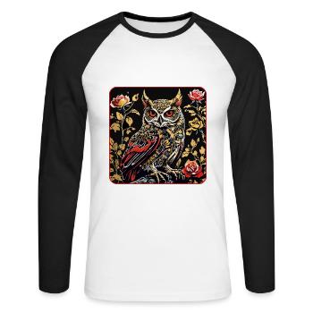 Hibou avec des vrilles de pétales de rose en aspect gravure sur bois - T-shirt baseball manches longues Homme - blanc/noir - Devant - Nik (191cm)
