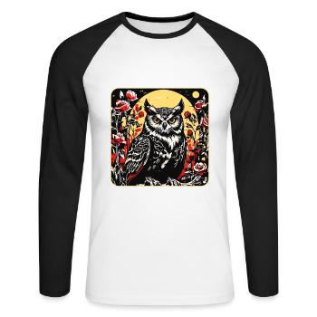 Hibou avec des vrilles de pétales de rose en aspect gravure sur bois - T-shirt baseball manches longues Homme - blanc/noir - Devant - Nik (191cm)