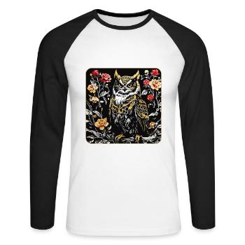 Hibou avec pétales de rose en aspect gravure sur bois - T-shirt baseball manches longues Homme - blanc/noir - Devant - Nik (191cm)