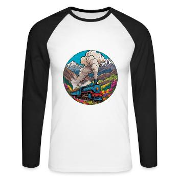 Train de chemin de fer nostalgique de locomotive fumante - T-shirt baseball manches longues Homme - blanc/noir - Devant - Nik (191cm)