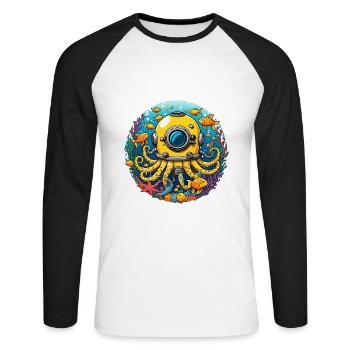 Casque de plongée avec bras de pieuvre et poisson - T-shirt baseball manches longues Homme - blanc/noir - Devant - Nik (191cm)