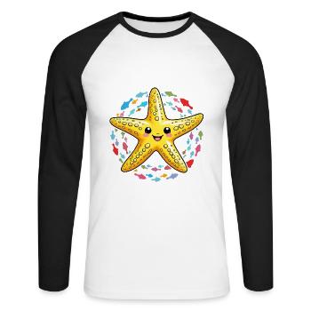 Étoile de mer jaune riante avec de nombreux poissons - T-shirt baseball manches longues Homme - blanc/noir - Devant - Nik (191cm)