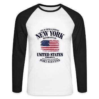 New York - USA Vintage Flag - Unisex Baseballshirt langarm - Weiß/Schwarz - Vorne - Nik (191cm)