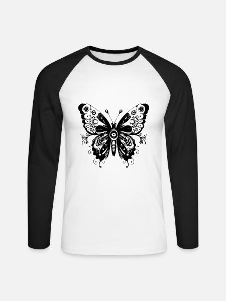 Papillon Mandala Boho - T-shirt baseball manches longues Homme - blanc/noir