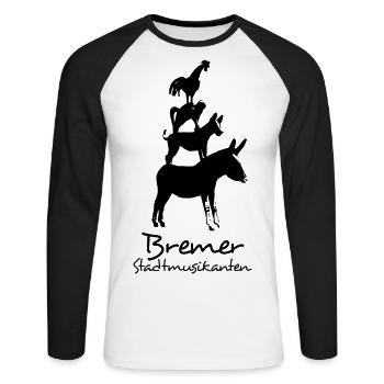 Denkmal: Bremer Stadtmusikanten vor dem Rathaus - Unisex Baseballshirt langarm - Weiß/Schwarz - Vorne - Nik (191cm)