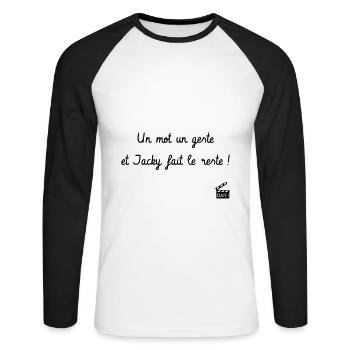 Un mot un geste et Jacky fait le reste ! Camping - T-shirt baseball manches longues Homme - blanc/noir - Devant - Nik (191cm)