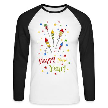 Silvester Party Outfit Happy New Year Raketen bunt - Unisex Baseballshirt langarm - Weiß/Schwarz - Vorne - Nik (191cm)