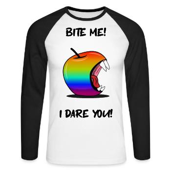 Gay Pride Apple BITE ME - Unisex Long Sleeve Baseball T-Shirt - white/black - Front - Nik (191cm)