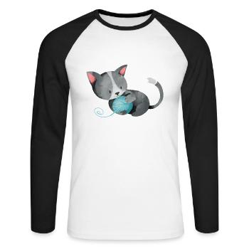 Chat pelote de laine cadeau ludique chaton mignon - T-shirt baseball manches longues Homme - blanc/noir - Devant - Nik (191cm)