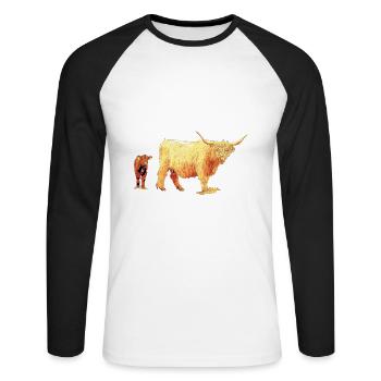 Scottish Highland cattle with veal - Unisex Long Sleeve Baseball T-Shirt - white/black - Front - Nik (191cm)