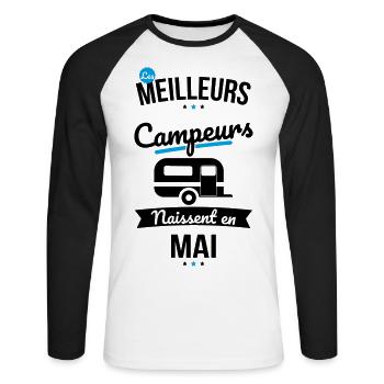 Les meilleurs campeurs naissent en Mai - T-shirt baseball manches longues Homme - blanc/noir - Devant - Nik (191cm)
