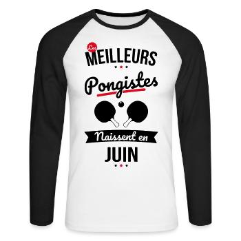 Les meilleurs pongistes naissent en Juin - T-shirt baseball manches longues Homme - blanc/noir - Devant - Nik (191cm)