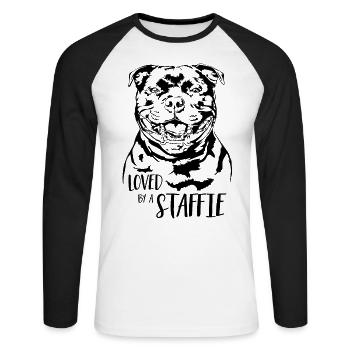 STAFFORDSHIRE BULL TERRIER loved by a Staffie dog - Unisex Long Sleeve Baseball T-Shirt - white/black - Front - Nik (191cm)