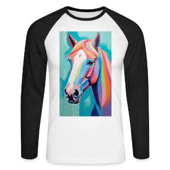 Pferd | reiten | Tier | Reittier | Bunt - Unisex Baseballshirt langarm - Weiß/Schwarz - Vorne - Nik (191cm)