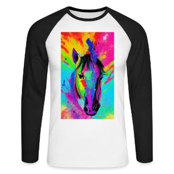 Pferd | reiten | Tier | Reittier | Bunt - Unisex Baseballshirt langarm - Weiß/Schwarz - Vorne - Nik (191cm)