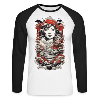 Ukiyo-E paysage asiatique Vintage Kanji - T-shirt baseball manches longues Homme - blanc/noir - Devant - Nik (191cm)