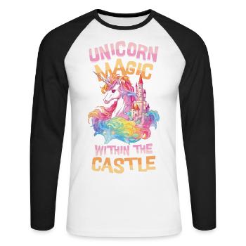 Einhorn Regenbogen Schloss Bunt Magie Fantasie - Unisex Baseballshirt langarm - Weiß/Schwarz - Vorne - Nik (191cm)