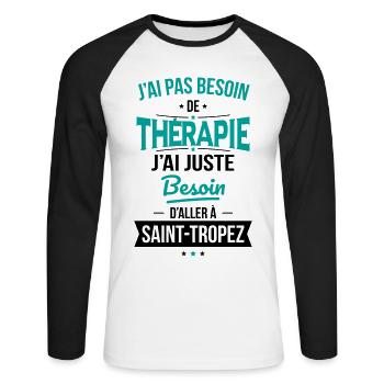 Pas besoin de thérapie besoin aller à Saint-Tropez - T-shirt baseball manches longues Homme - blanc/noir - Devant - Nik (191cm)