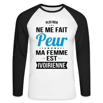 Rien ne me fait peur ma femme est Ivoirienne - T-shirt baseball manches longues Homme - blanc/noir - Devant - Nik (191cm)
