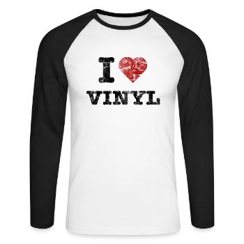 i_love_vinyl_vintage - T-shirt baseball manches longues Homme - blanc/noir - Devant - Nik (191cm)
