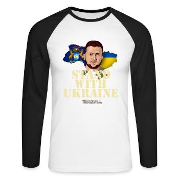Ukraine Michigan drapeaux portrait Zelenskyj - T-shirt baseball manches longues Homme - blanc/noir - Devant - Nik (191cm)