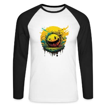 bunt und crazy , emoticon lustiges gelbes Gesicht - Unisex Baseballshirt langarm - Weiß/Schwarz - Vorne - Nik (191cm)
