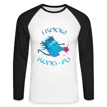 Funny Cat - I Know Kung Fu - Chats drôles - T-shirt baseball manches longues Homme - blanc/noir - Devant - Nik (191cm)