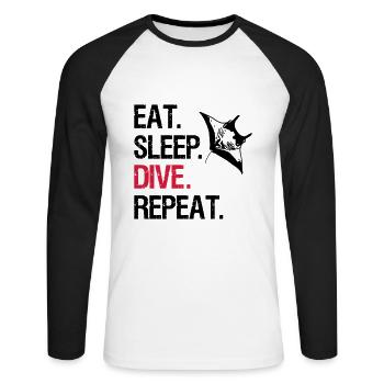Eat Sleep Dive Repeat - Manta Ray - Vector Design - Unisex Baseballshirt langarm - Weiß/Schwarz - Vorne - Nik (191cm)
